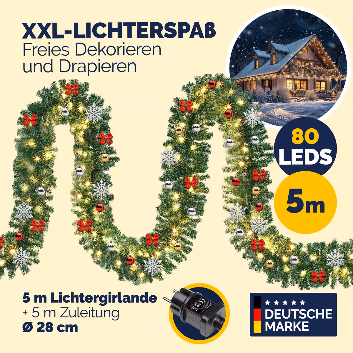 Set di 2 Ghirlande Natalizie Casaria da 5m con 80 LED Cool White per Interno ed Esterno, Colore Verde – 2