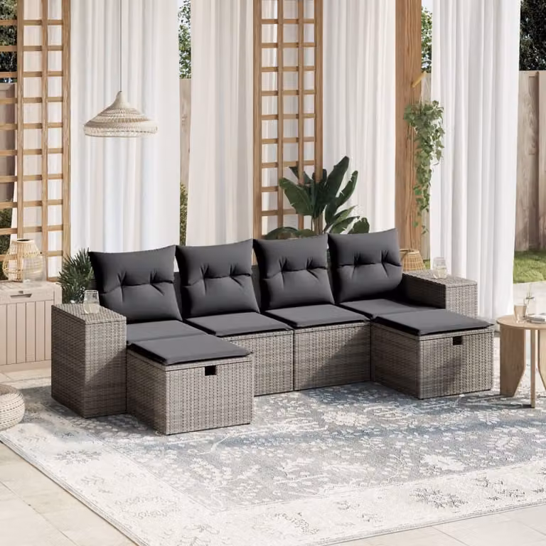 vidaXL Set Divano da Giardino a L in Polyrattan Grigio con 6 Pezzi e Cuscini Imbottiti