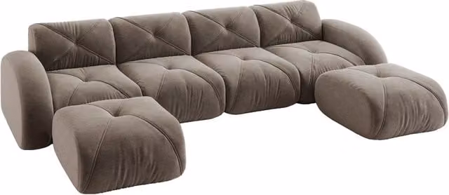 Divano modulare a forma di U, senza telaio, 4 posti con 2 pouf, tessuto chenille taupe antiscivolo, ideale per soggiorno