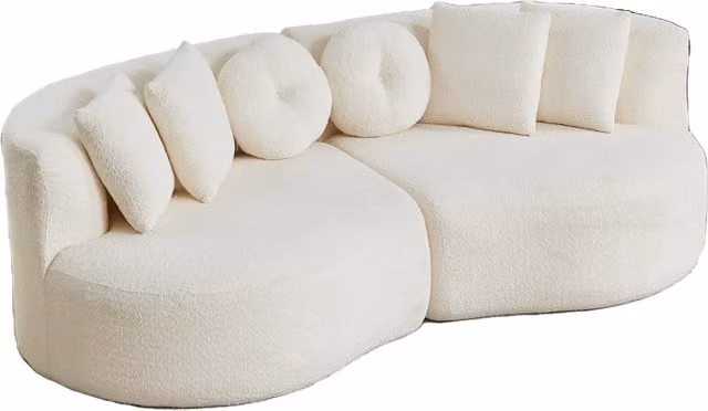 Divano modulare 2 pezzi in chenille crema con design a mezza luna e set di 6 cuscini di varie forme