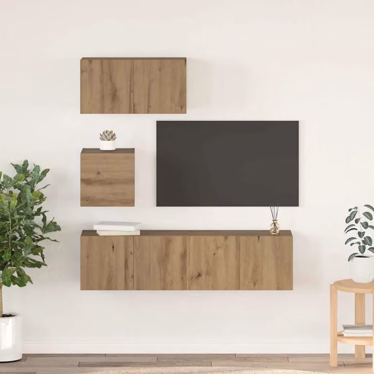 Set mobile TV vidaXL 4 pezzi in legno ingegnerizzato color rovere artigianale marrone per il tuo soggiorno