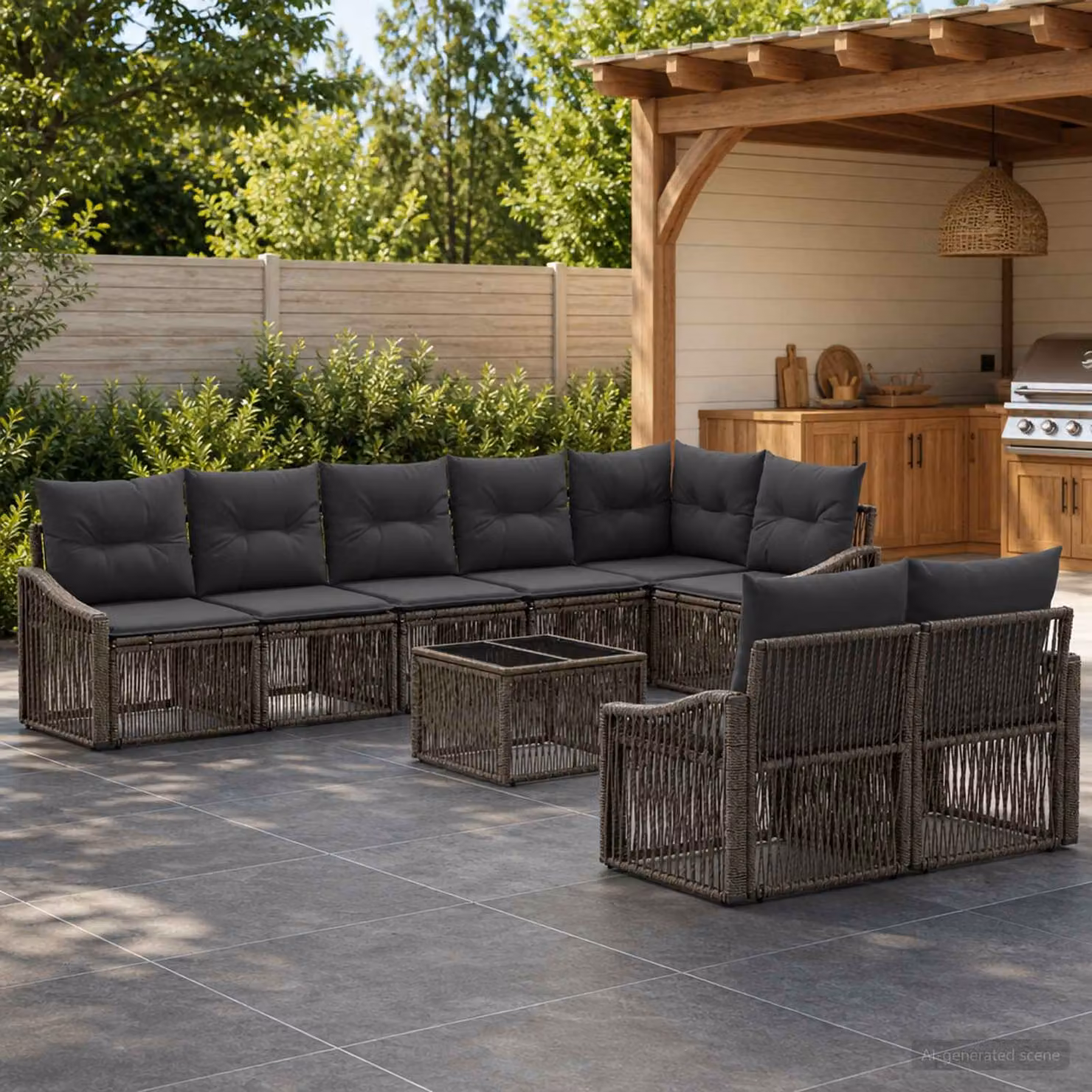 Set Divano da Giardino vidaXL 9 pz a forma a U in Polyrattan Grigio con Tavolino e Cuscini Imbottiti