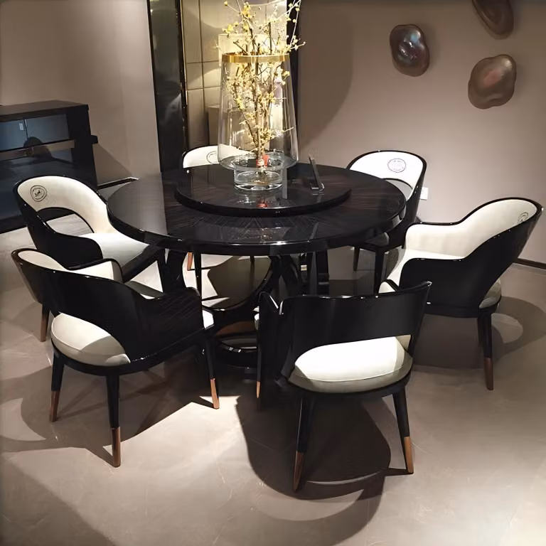 Design Rund Tisch 6x Sessel Stühle Ess Zimmer Sitz Polster Runde Tische Garnitur