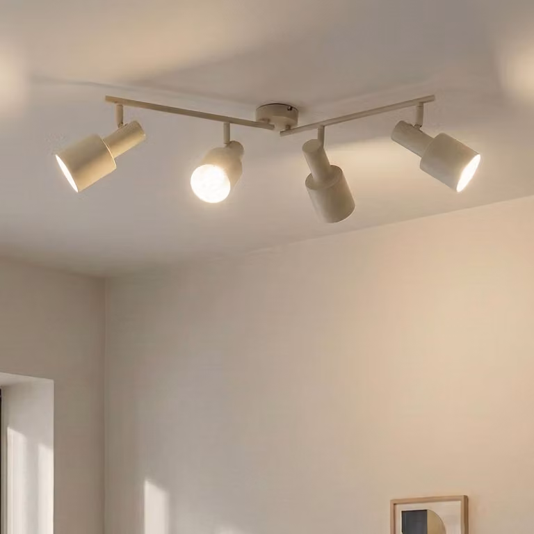 Faretto da soffitto Lindby Ovelia, beige, 80 cm, a 4 luci, E27 Ovelia Lindby, dimmerabile, Crema / Ambra, Soggiorno / Sala da pranzo, Metallo, Moderno, Faretto