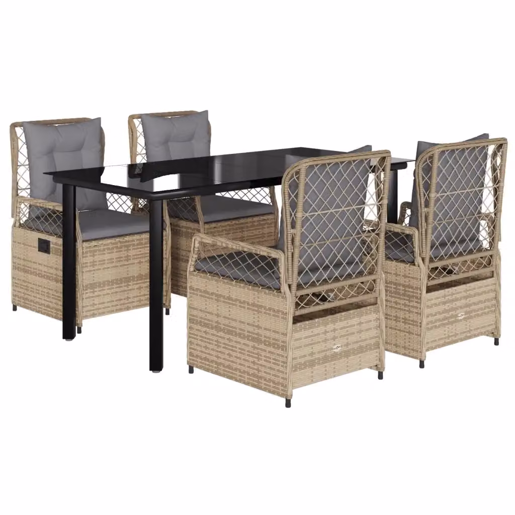 Set da Pranzo da Giardino vidaXL in Polyrattan con Cuscini Beige e Tavolo in Vetro, 5 Pezzi – 2