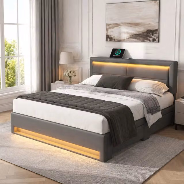 Letto imbottito 140 x 200 cm in PU con LED; USB e 4 cassetti; grigio