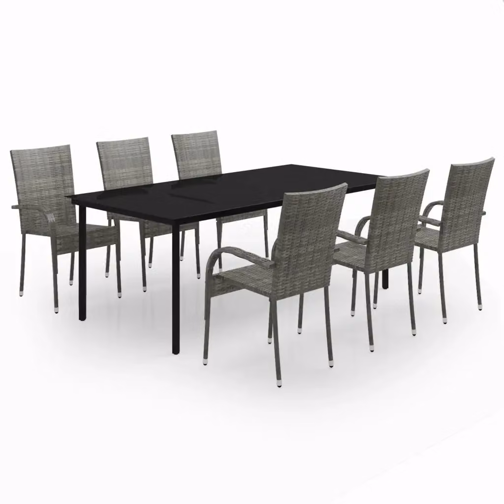 Set da pranzo da giardino vidaXL in polyrattan con piano in vetro e 7 pezzi, colori grigio e nero – 2