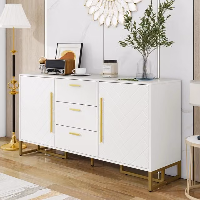Credenza con 2 ante e 3 cassetti ripiani regolabili in MDF bianco con motivo chevron per soggiorno e cucina