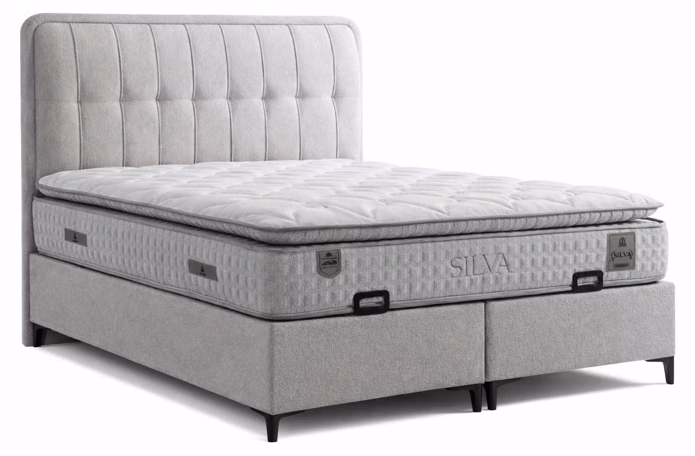 Letto con materasso in stile moderno, grigio, con contenitore e morbida imbottitura