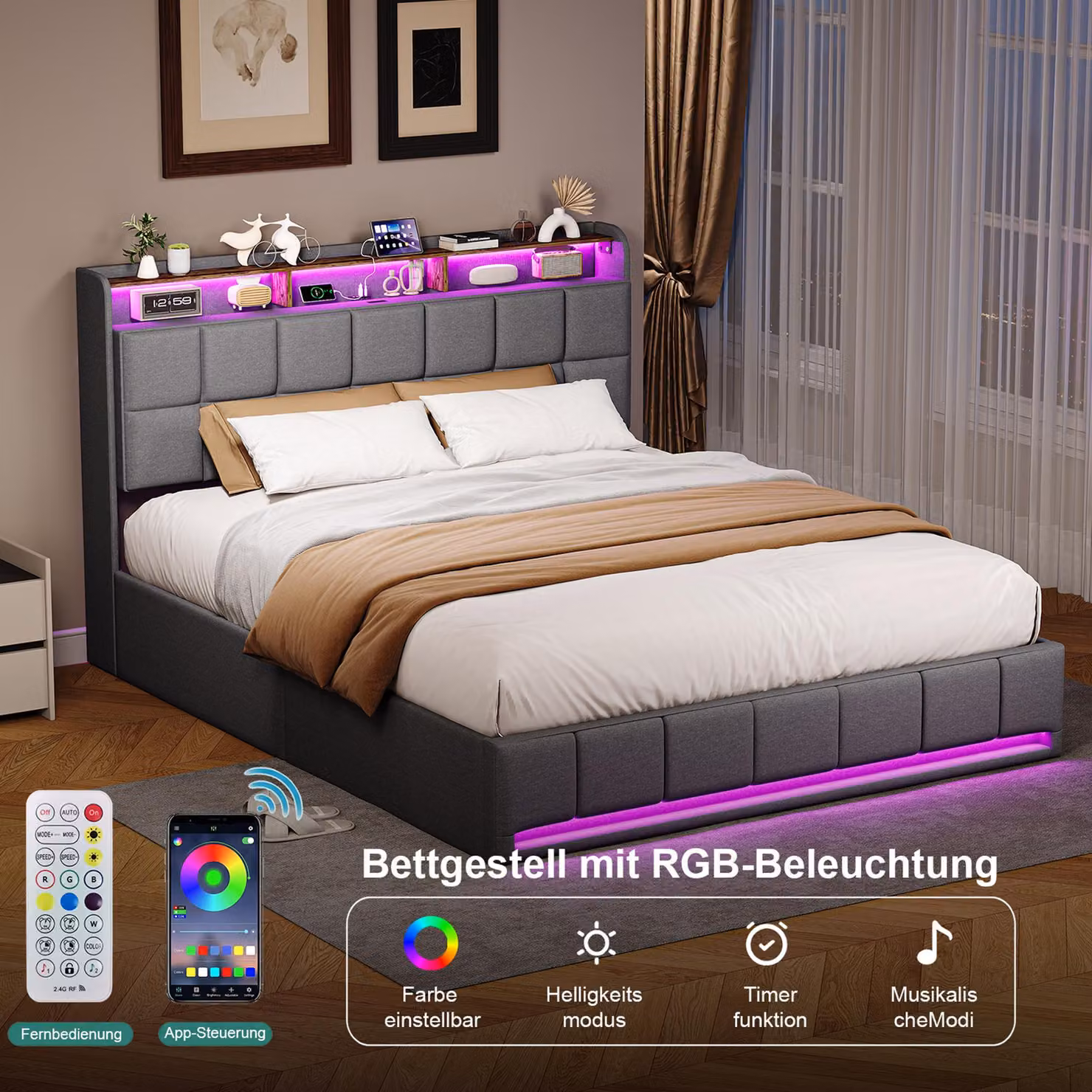 Letto imbottito 160x200 cm con vano portaoggetti idraulico, illuminazione a LED e ricarica USB/Type-C, grigio lino