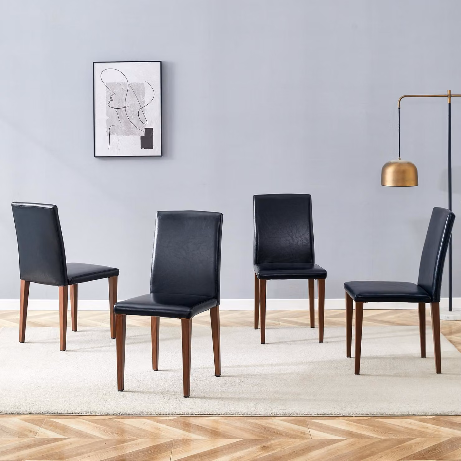 Set di 4 sedie da pranzo, design minimalista, rivestite in ecopelle, gambe in metallo, finitura effetto legno (noce e nero)