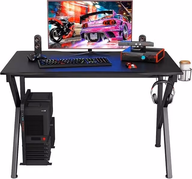 Scrivania da Gaming a Forma di K, Tavolo da Gioco 115 cm, Tavolo per Computer con Porta Bicchiere e Gancio, Scrivania Computer con Struttura in Acciaio, per Casa o Ufficio