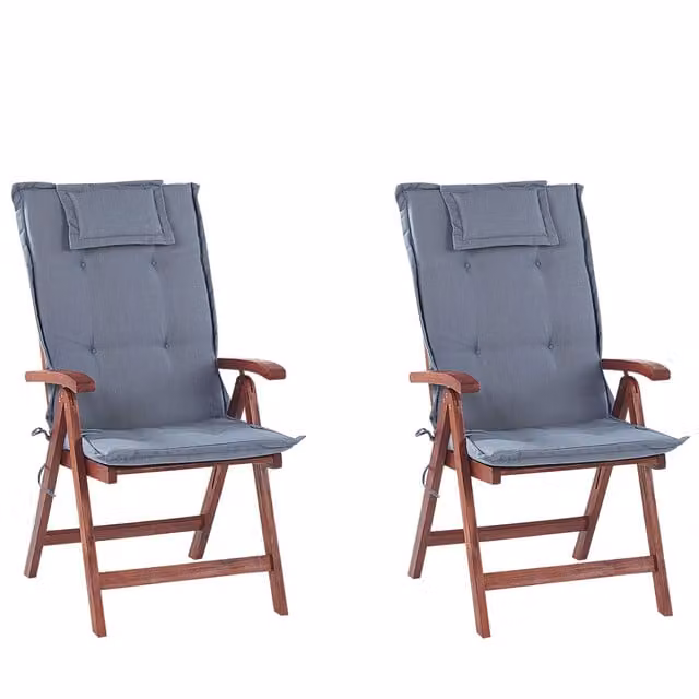 Set di 2 sedie da giardino in legno di acacia cuscino blu regolabile pieghevole per esterni in stile rustico country