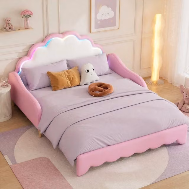 Letto divano convertibile 140x200 cm con testiera a LED, colore rosa