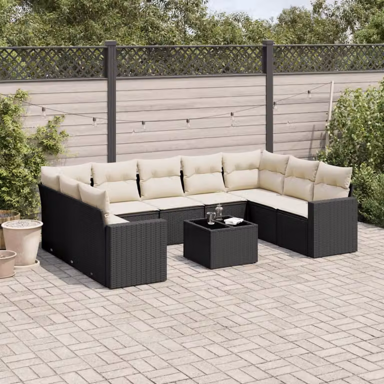 vidaXL Set Divani da Giardino 10 Pezzi in Polyrattan Nero con Cuscini e Tavolino da Esterno