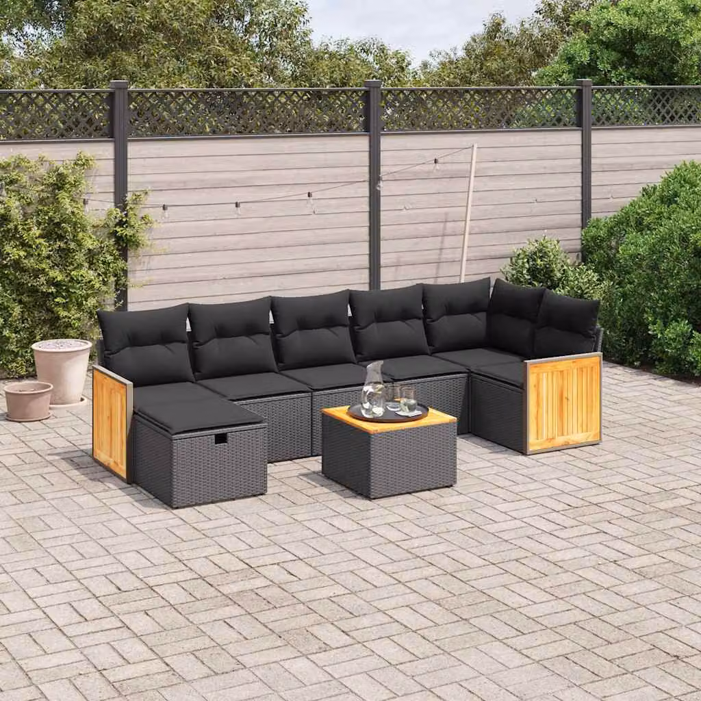 Set Divani da Giardino vidaXL a Forma a L con Cuscini Nero in Polyrattan e Acciaio – 1