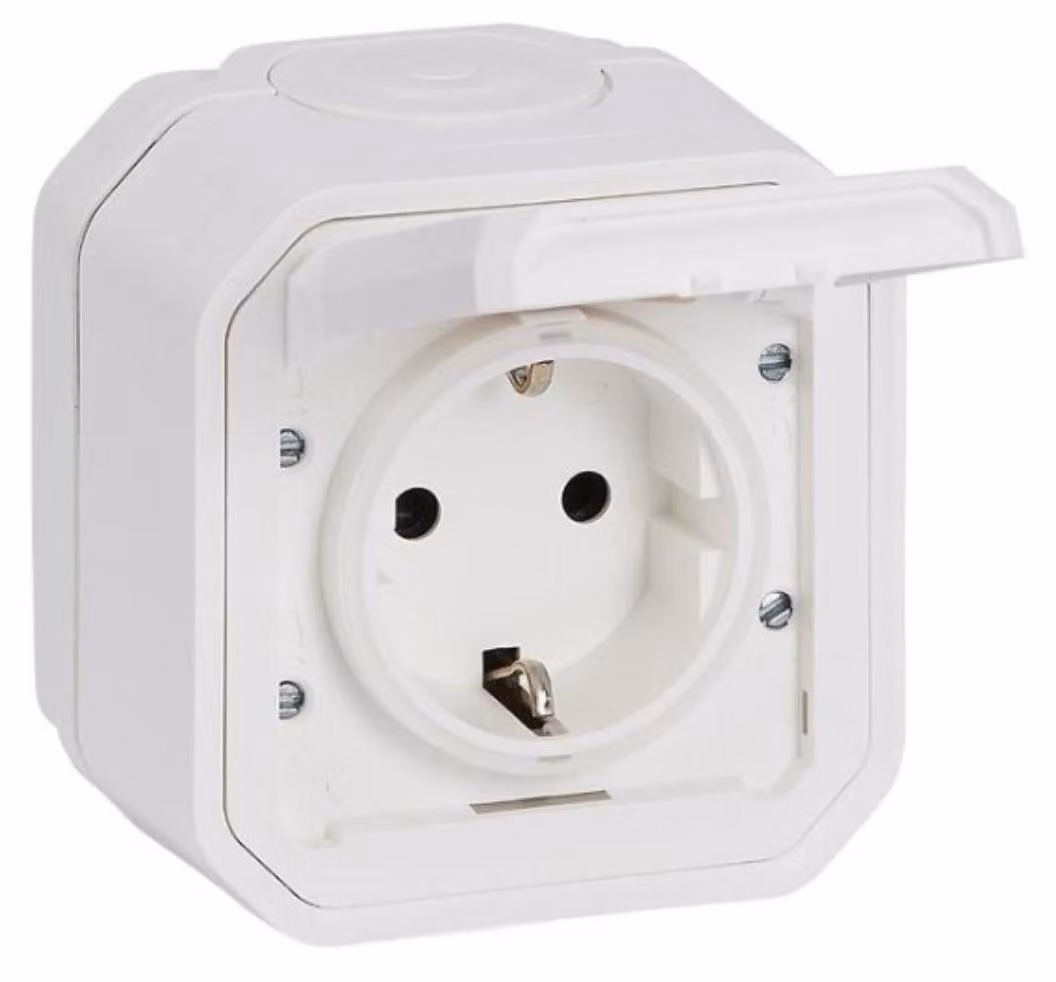 Legrand PLEXO Nuova presa di corrente a parete impermeabile, con coperchio a cerniera, protezione tattile, morsetti a innesto, 16A, IP44 IK07 Bianco, 069770L