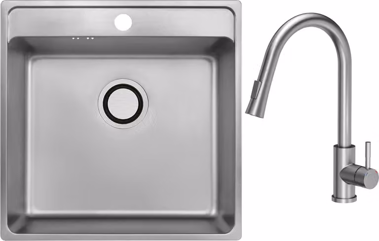 VBChome Lavello in acciaio inox con rubinetto 49x48x21 cm Inox Liscio Lavello da incasso in acciaio inox con foro per rubinetto Vasca grande Sifone Rubinetto Inox con bocca estraibile