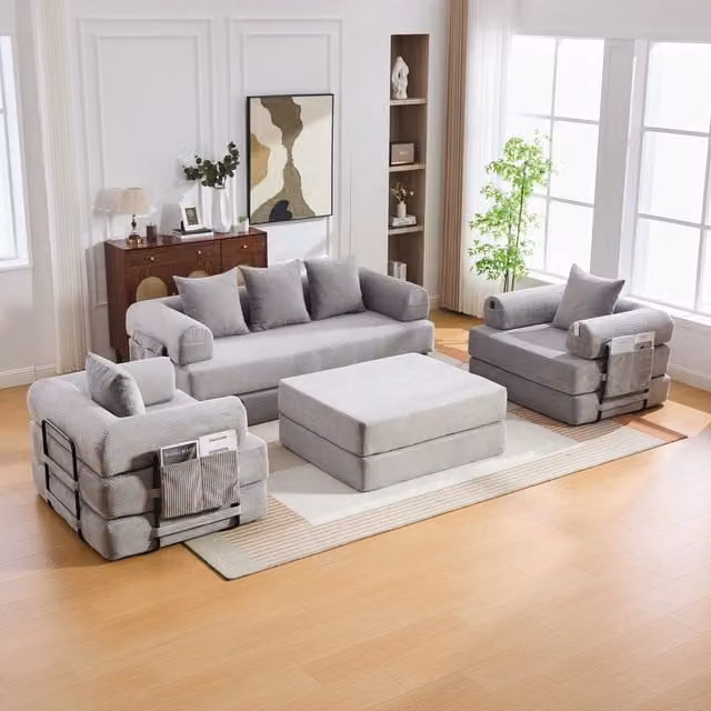 Divano modulare OKWISH moderno in tessuto velluto a coste grigio con cuscini coordinati e pouf incluso