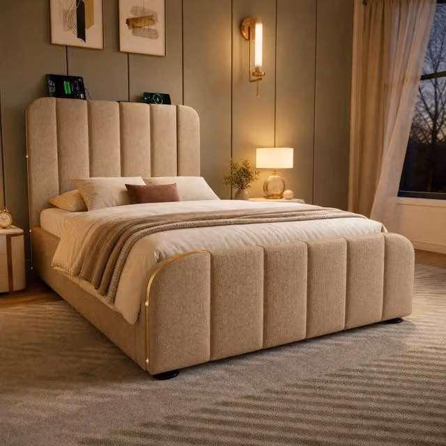 Letto contenitore singolo ULEVR 90x200 cm con USB e Type-C, testiera imbottita in lino beige