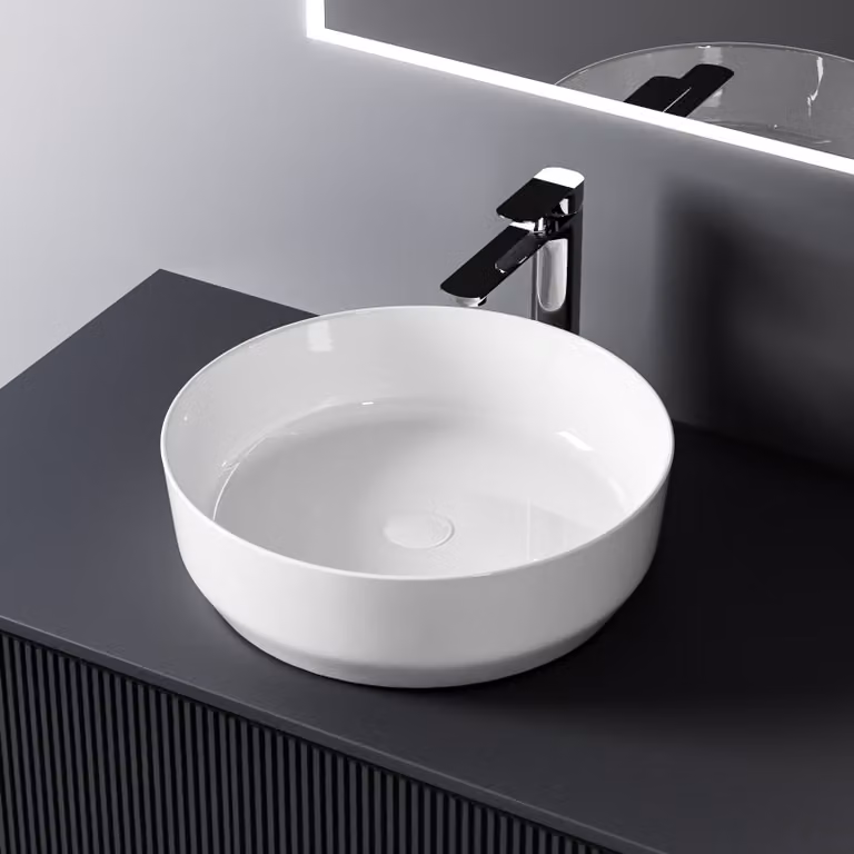 Lavabo da appoggio EMKE rotondo bianco piccolo senza foro per rubinetto lucido 39 x 39 x 12 cm – Lavabo in Vetroceramica per bagni moderni