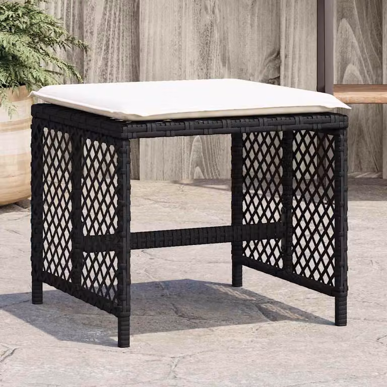 Set di 4 sgabelli da giardino vidaXL in polyrattan con cuscini neri e bianchi, L/P/H: 41 x 41 x 36 cm