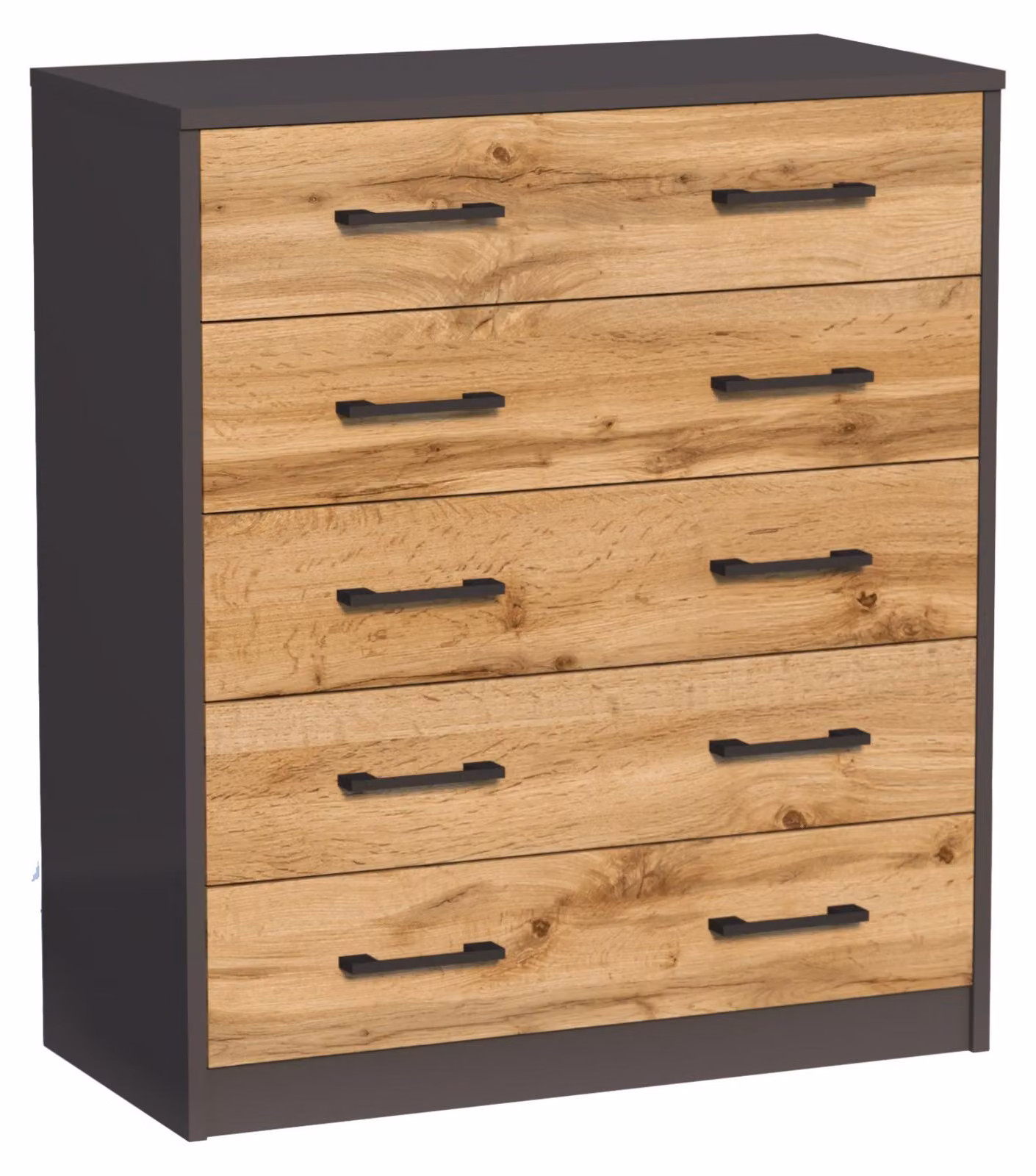Comodino con 5 cassetti, finitura opaca, larghezza 74 cm. Mobile contenitore in legno con cassetti. Ideale come comodino, mobiletto laterale, mobile TV o consolle. Finitura: rovere grafite