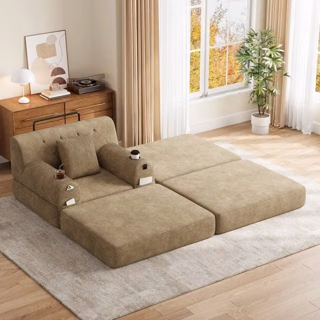 Divano letto 1 posto ¨C Minimal ¨C Corda khaki, struttura in metallo, con poggiapiedi