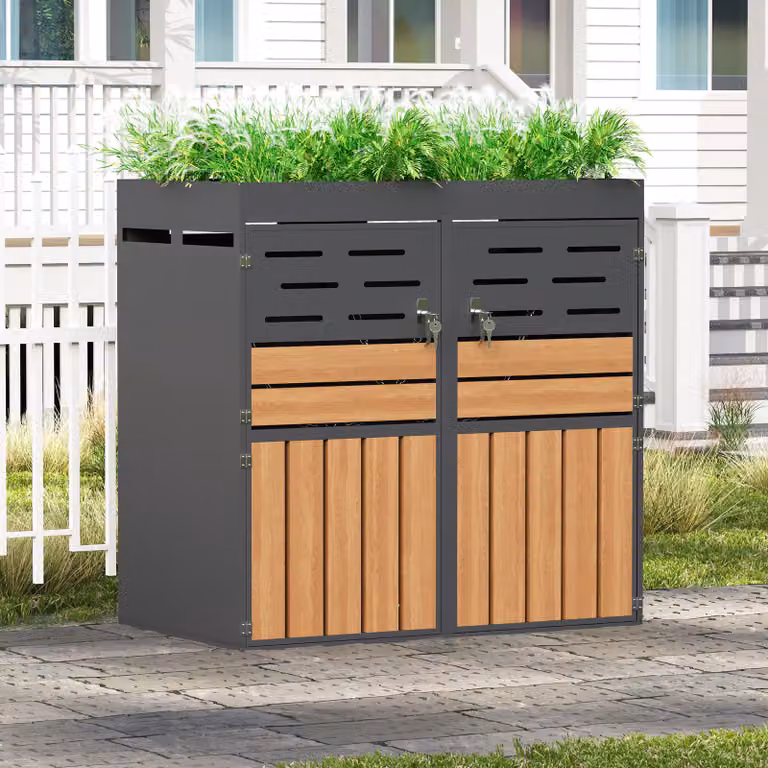 LVHOM Box per bidoni della spazzatura da 2 posti con fioriera, effetto legno antracite, copertura per bidoni da 480 litri con serratura, armadio per bidoni della spazzatura in acciaio zincato