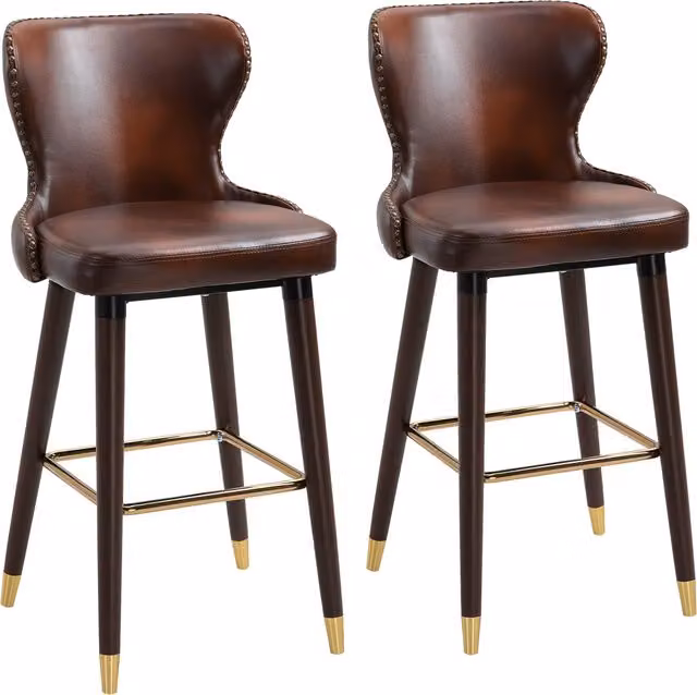Set di 2 sgabelli alti da bar Aosom con schienale ergonomico in stile industrial, rivestimento in ecopelle marrone e dettagli oro