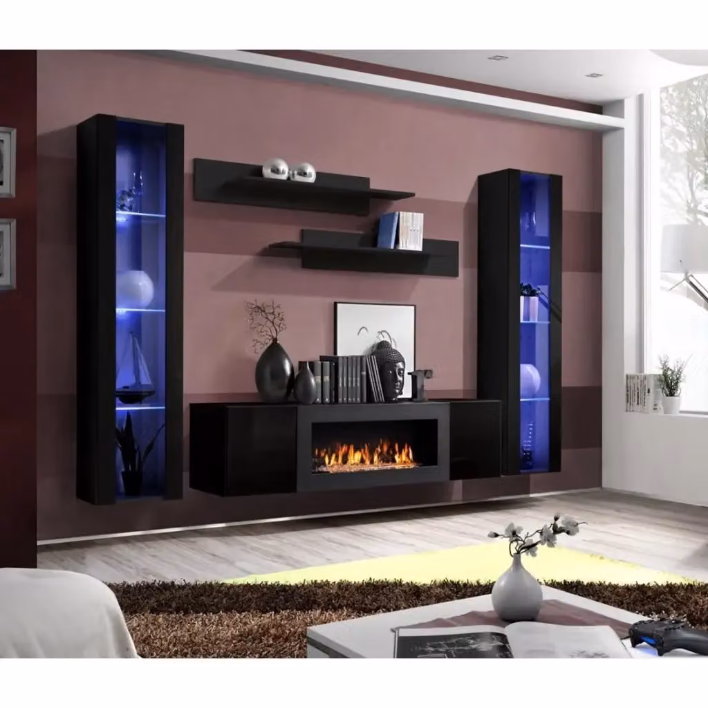 Set di mobili sospesi con camino decorativo collezione FLY M2 Meublorama colore nero con finitura lucida – 2