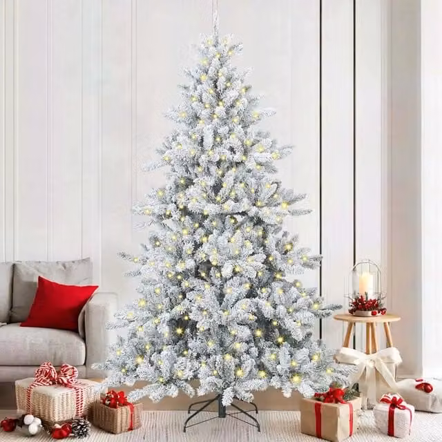 Albero di Natale Artificiale Moderno vidaXL Bianco con Luci LED Warm White e Rami Pieghevoli in PVC e Metallo, Altezza: 210 cm