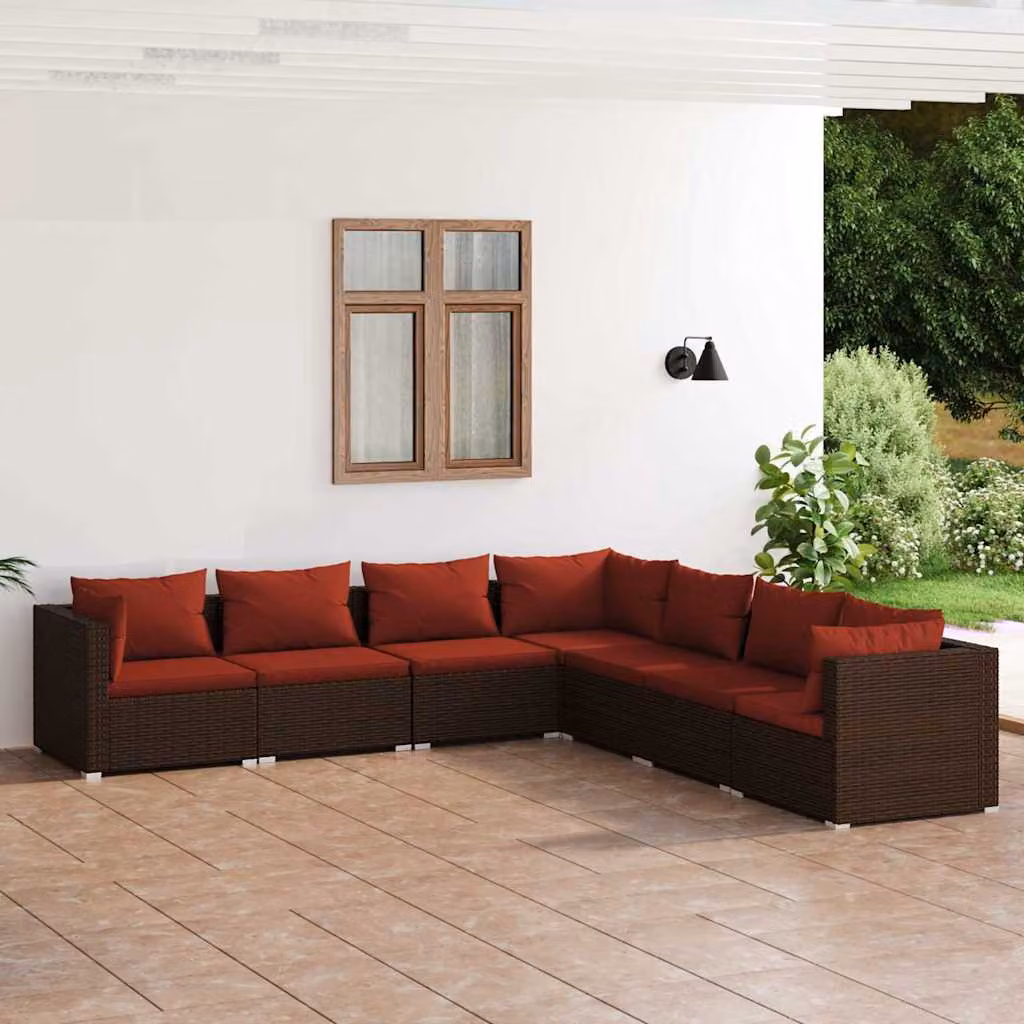 Set Divani da Giardino vidaXL 7 pz a Forma a L con Cuscini Imbottiti Marrone e Rosso in Polyrattan e Metallo