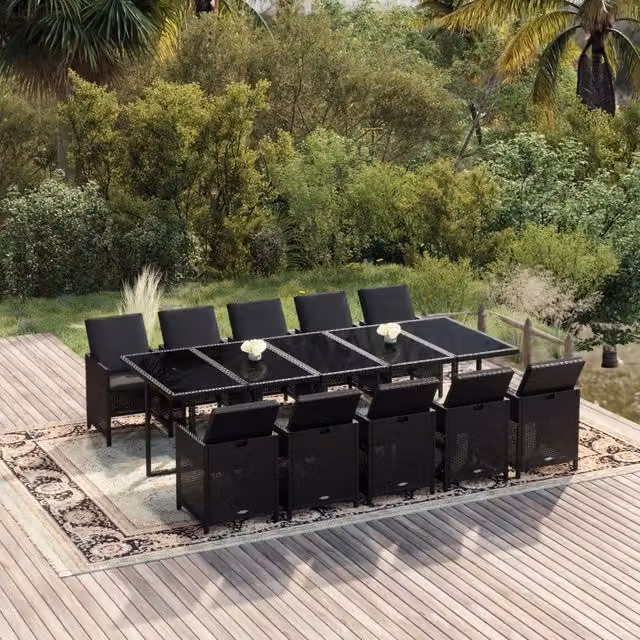 Set da Pranzo da Giardino Moderno vidaXL in Polyrattan Nero con Cuscini e Tavolo in Vetro, 11 Pezzi – 1
