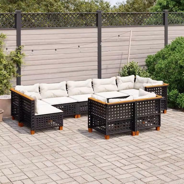 Set di divani da giardino vidaXL a forma di U composto da 9 pezzi in polyrattan nero con cuscini bianchi e imbottitura mista