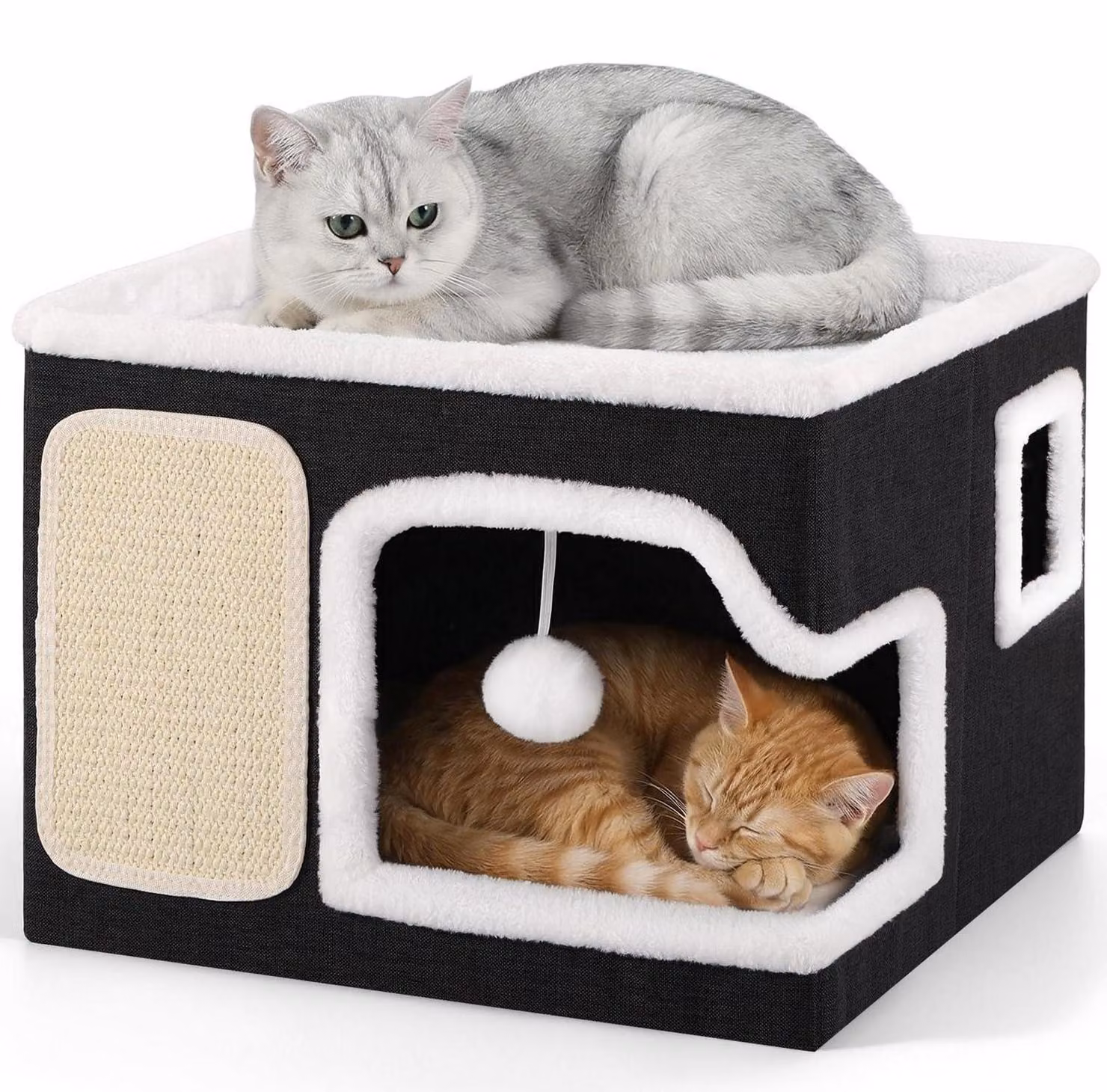 Cuccia pieghevole per gatti, a due piani, di dimensioni 42x42x32 cm, color grigio scuro, con tiragraffi e pallina giocattolo