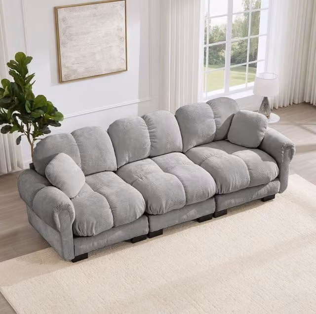 Divano 3 posti 260x86x90 cm in ciniglia grigio chiaro, seduta spessa –
