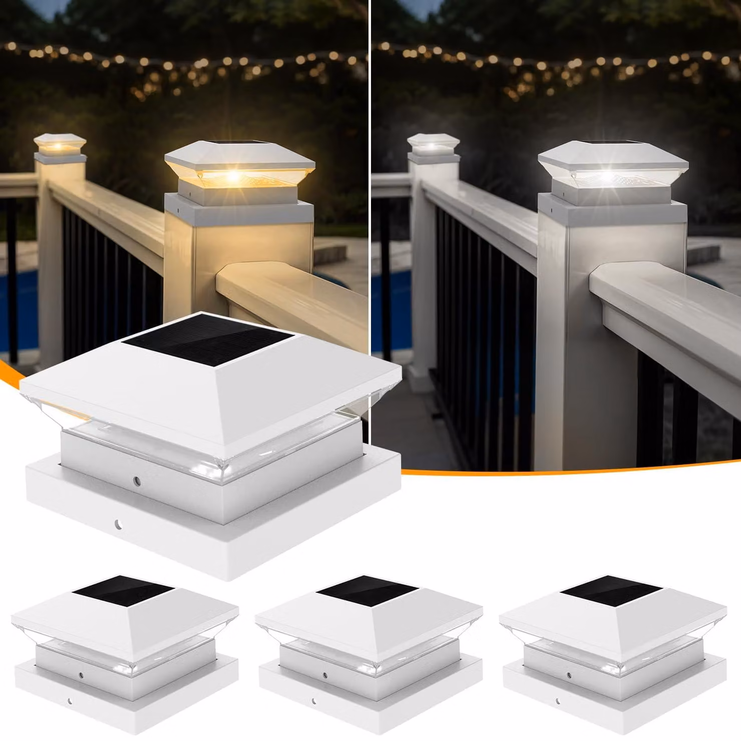 Set di 4 cappucci per pali solari, grado di protezione IP65, luce bianca fredda/calda, 2 modalità