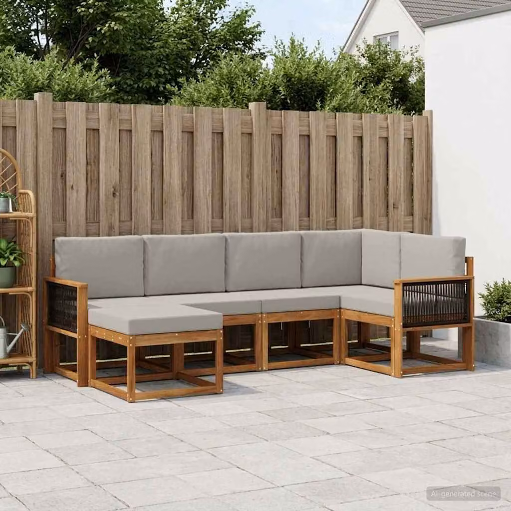 vidaXL Set di divani da esterno a L in legno di acacia con 6 pezzi, beige e grigio