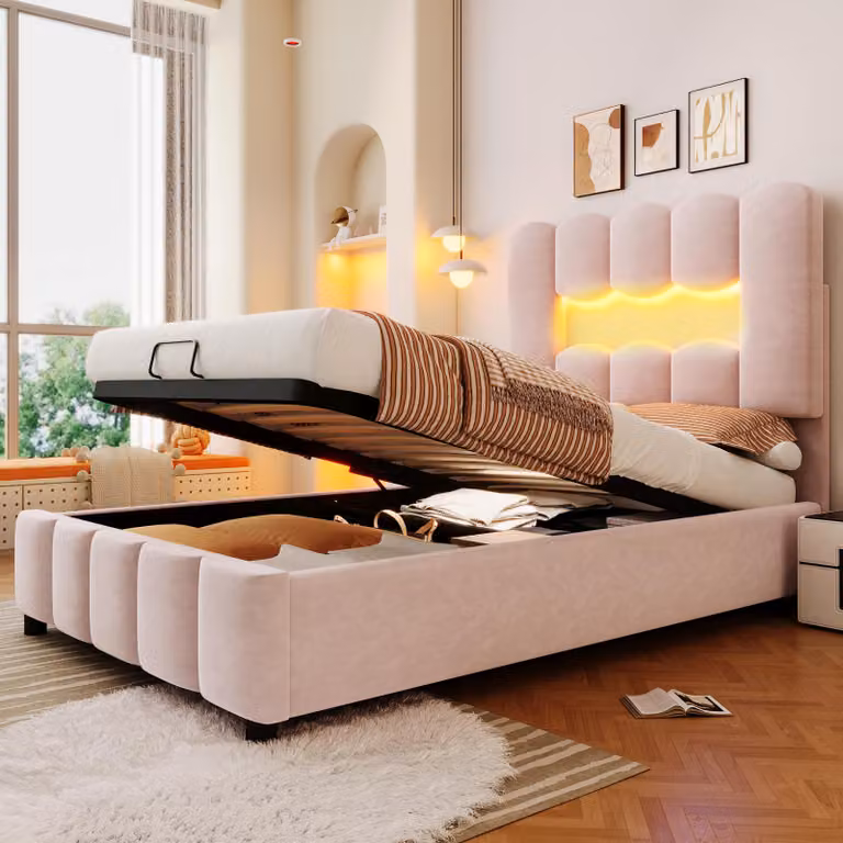 MODFU letto imbottito 90x200 letto singolo, letto per bambini con testata regolabile, rete + dispositivo idraulico, luce LED con materasso, rosa