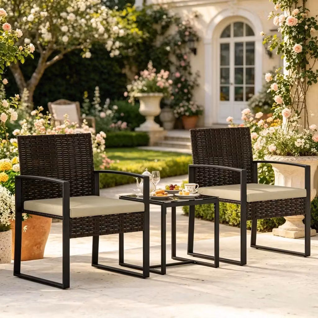 Set da giardino REDOM composto da tavolo bistrot quadrato con piano in vetro e 2 sedie con cuscini in rattan PE, colori nero e marrone, L/P: 40 x 40 cm – 2