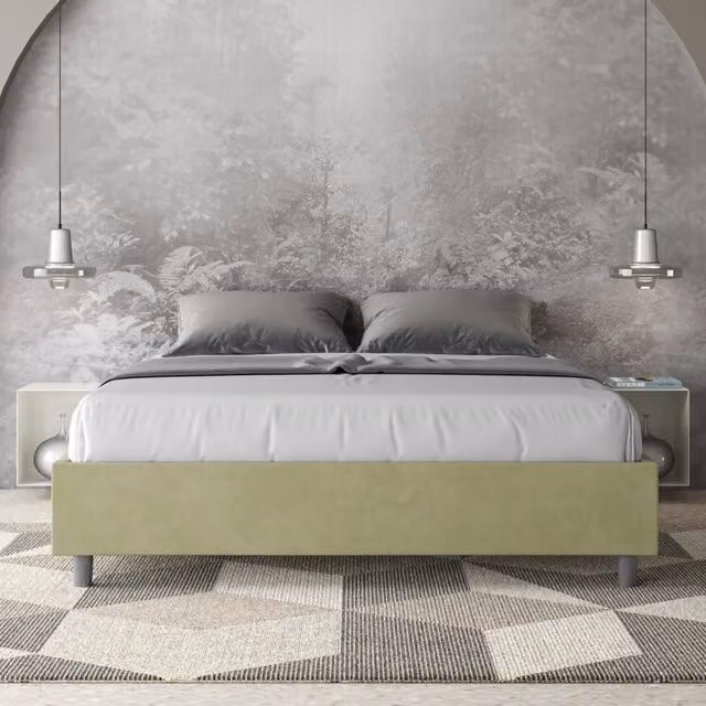 Letto queen size con rete imbottito 150x190 microfibra tè verde Azelia