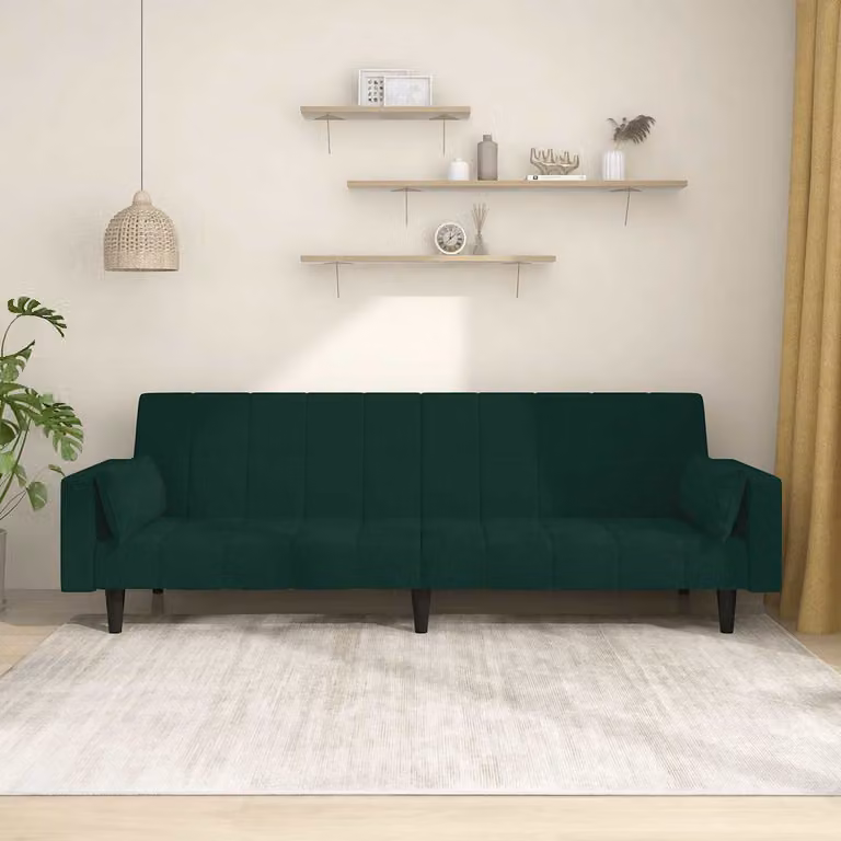 vidaXL Divano Letto Click-Clack a 2 Posti in Velluto Verde con Cuscini e Struttura in Legno Massello
