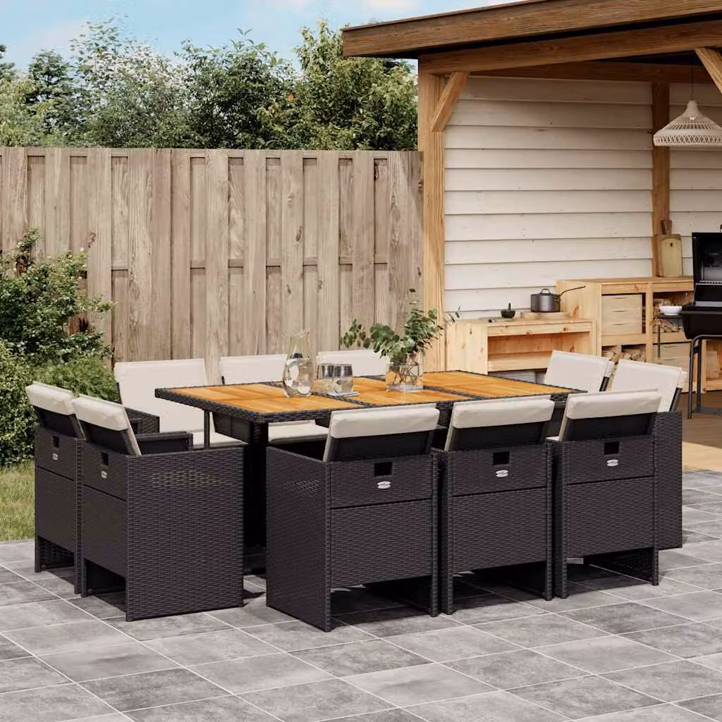 vidaXL Set da Pranzo da Giardino 11 pz in Polyrattan e Legno di Acacia con Cuscini Nero – 1