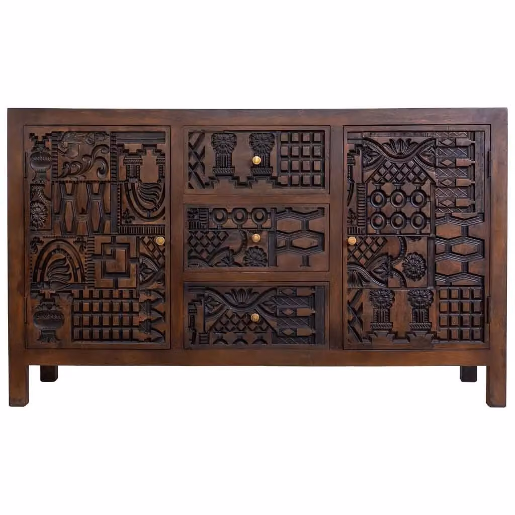 Credenza in legno di mango intagliata a mano Wanderlust Deco colore marrone e oro L: 150 cm, P: 40 cm, H: 90 cm – 2