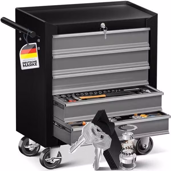 Carrello da officina mobile con 5 cassetti, bloccabile, ideale per la conservazione degli utensili. Carrello mobile robusto in metallo massiccio, nero/grigio, dotato di serratura e cassetti con cuscinetti a sfera