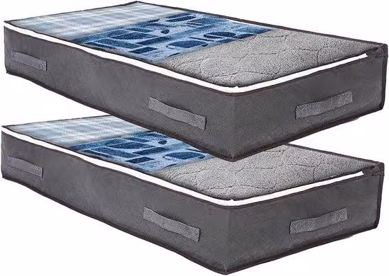 Allecto Premium - Set di 2 scatole portaoggetti - 90 litri - Scatola portaoggetti pieghevole per sotto il letto con coperchio - Borsa portaoggetti per vestiti e coperte - Grigio