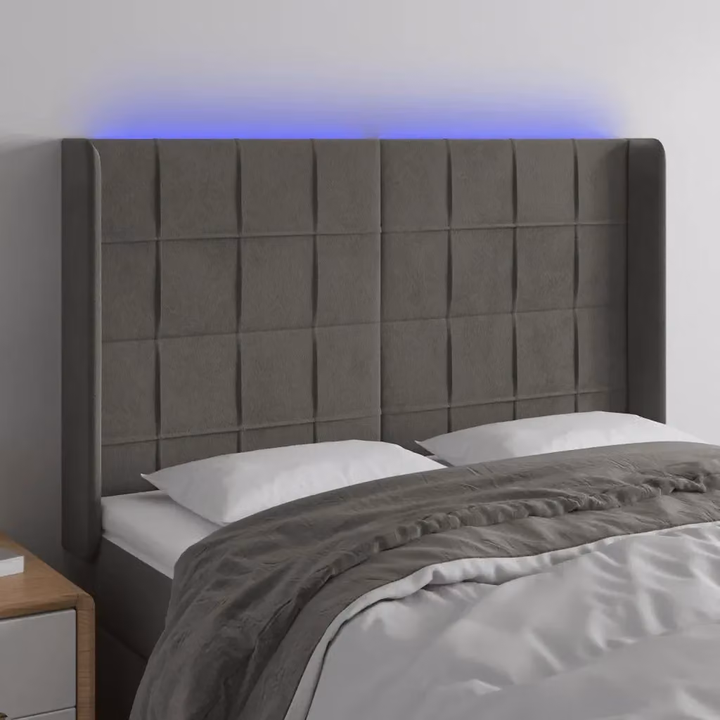 Testiera con illuminazione LED e porta di ricarica USB in velluto grigio, L: 147 cm, P: 16 cm, H: 118/128 cm – 2