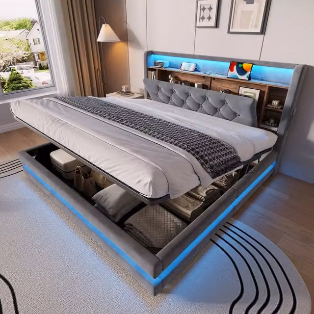 Letto matrimoniale imbottito 160 × 200 cm con contenitore idraulico velluto grigio scuro LED USB Type-C