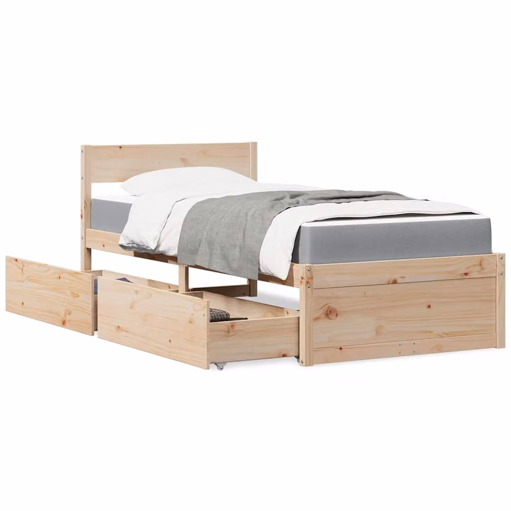 Letto con cassetti e materasso vidaXL in legno massello di pino, L/P/H: 205.5 x 95.5 x 78.0 cm, colore bianco o grigio